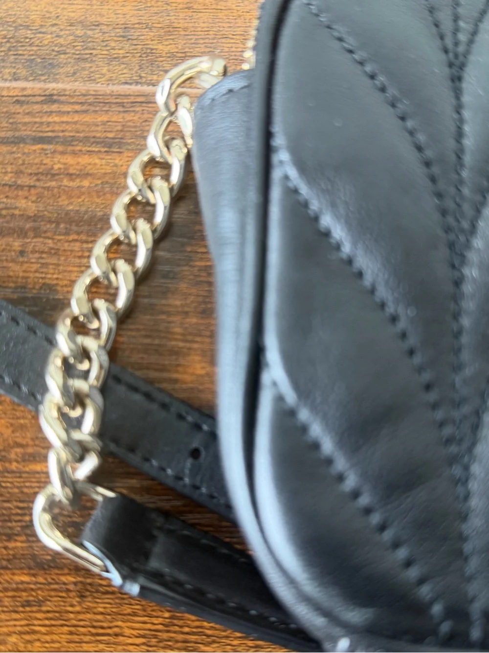 kate spade Black Quilted Leather Camera Crossbody with Gold Chain